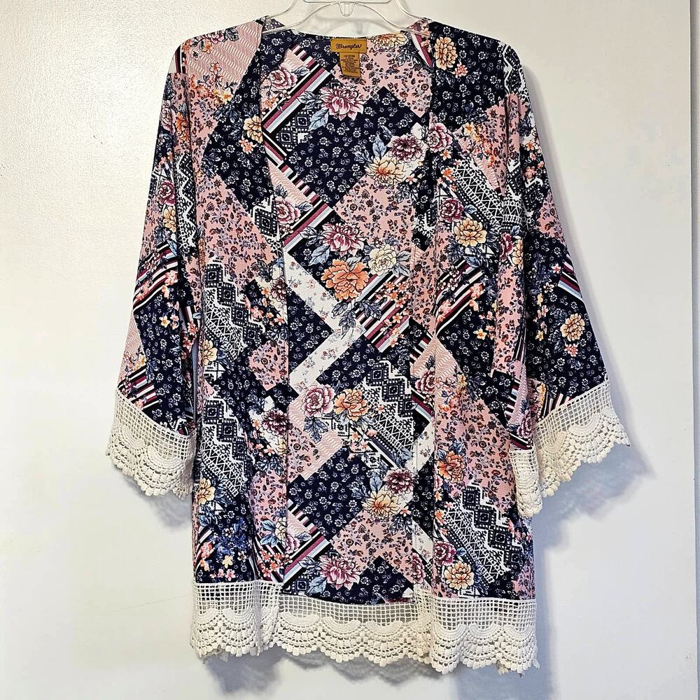 Wrangler Boho Western Patchwork Cardigan-Lace Trim, Open Front, Lightweight, Lg